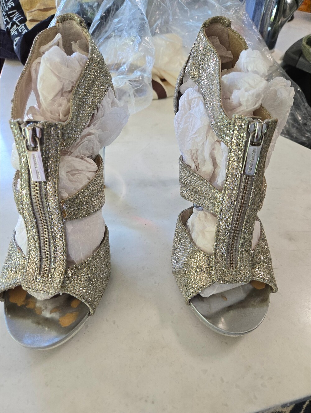 Michael Kors Glitter Zip Front Gold High-Heel Sandals